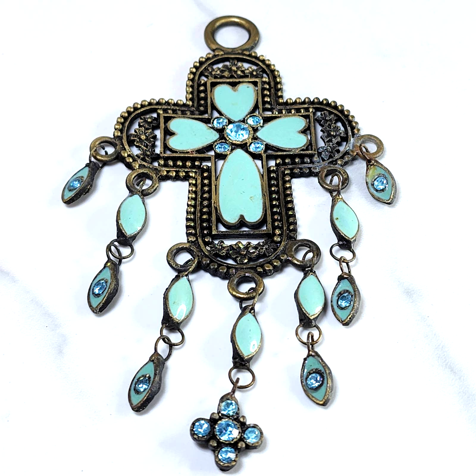 Beautiful Old World Boho Faux Turquoise & Metal Heart Cross Art Deco Pendant